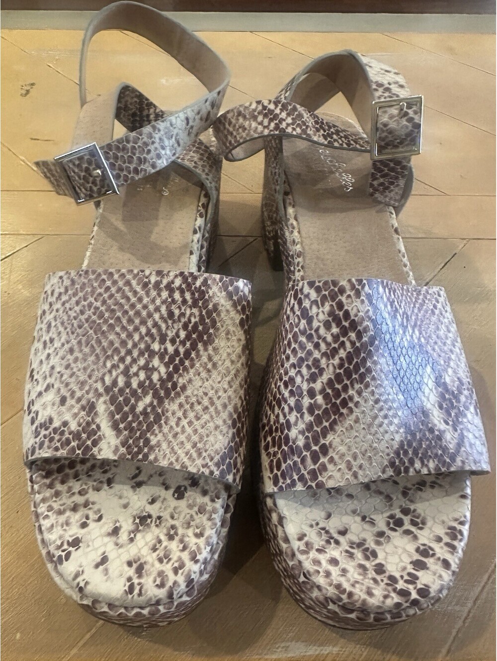 Seychelles Snake Print Leather Platform Sandals Ankle Strap Block Heel Size 9